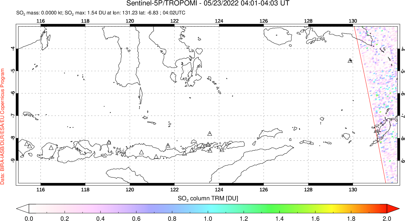 A sulfur dioxide image over Lesser Sunda Islands, Indonesia on May 23, 2022.