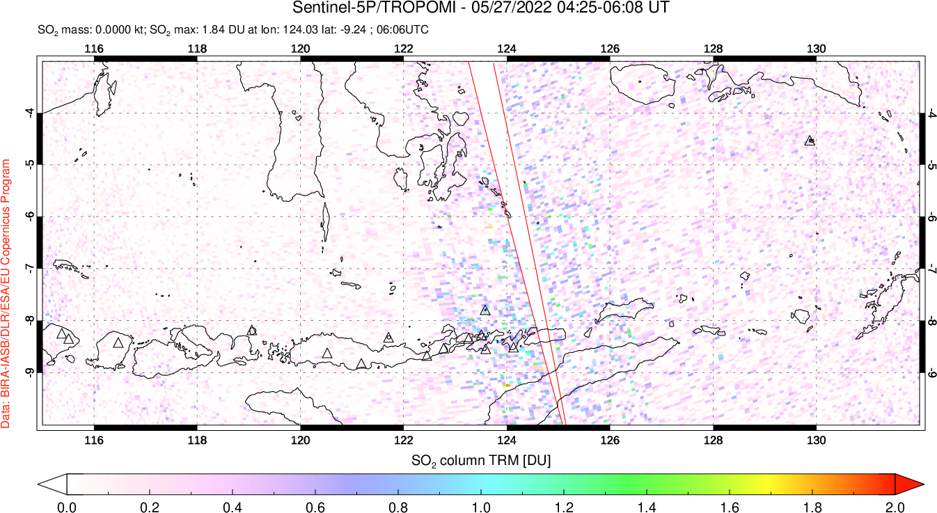 A sulfur dioxide image over Lesser Sunda Islands, Indonesia on May 27, 2022.