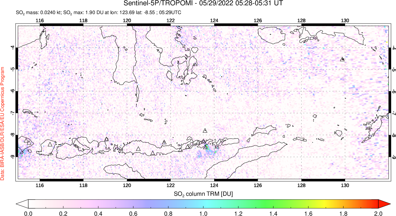 A sulfur dioxide image over Lesser Sunda Islands, Indonesia on May 29, 2022.