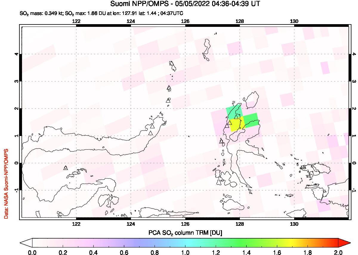 A sulfur dioxide image over Northern Sulawesi & Halmahera, Indonesia on May 05, 2022.