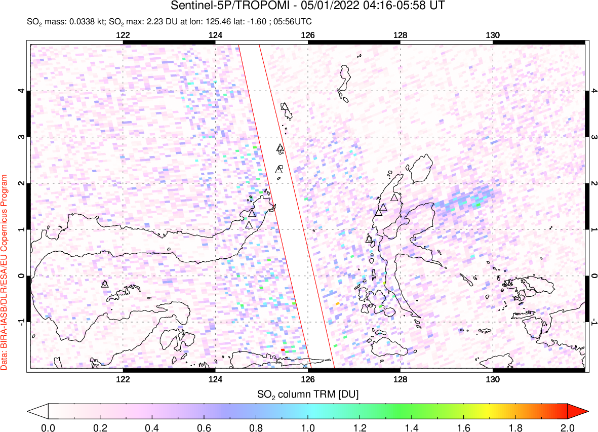 A sulfur dioxide image over Northern Sulawesi & Halmahera, Indonesia on May 01, 2022.