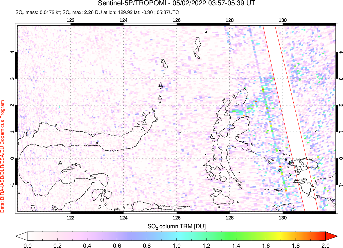 A sulfur dioxide image over Northern Sulawesi & Halmahera, Indonesia on May 02, 2022.