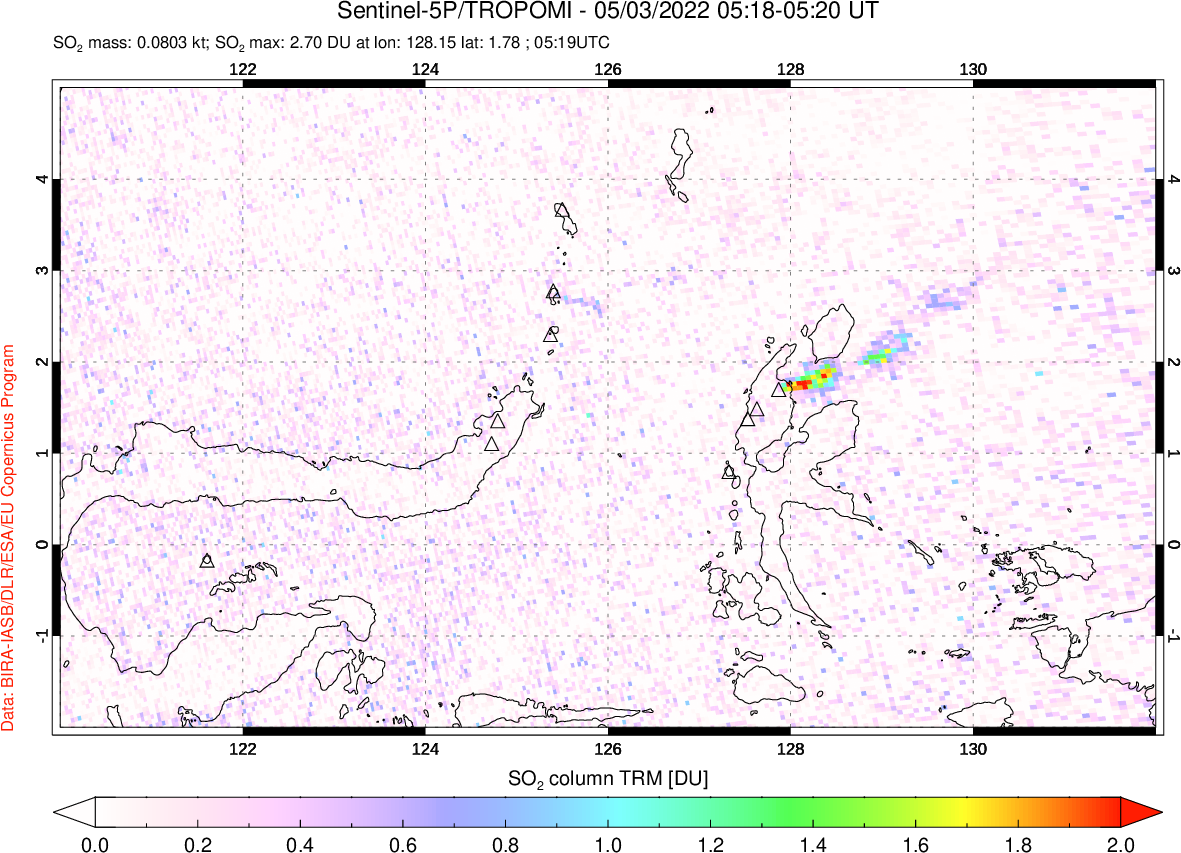 A sulfur dioxide image over Northern Sulawesi & Halmahera, Indonesia on May 03, 2022.