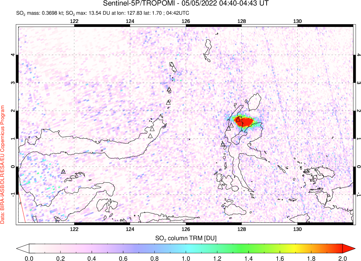 A sulfur dioxide image over Northern Sulawesi & Halmahera, Indonesia on May 05, 2022.