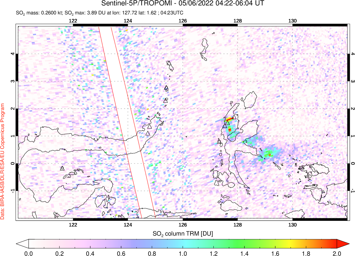 A sulfur dioxide image over Northern Sulawesi & Halmahera, Indonesia on May 06, 2022.