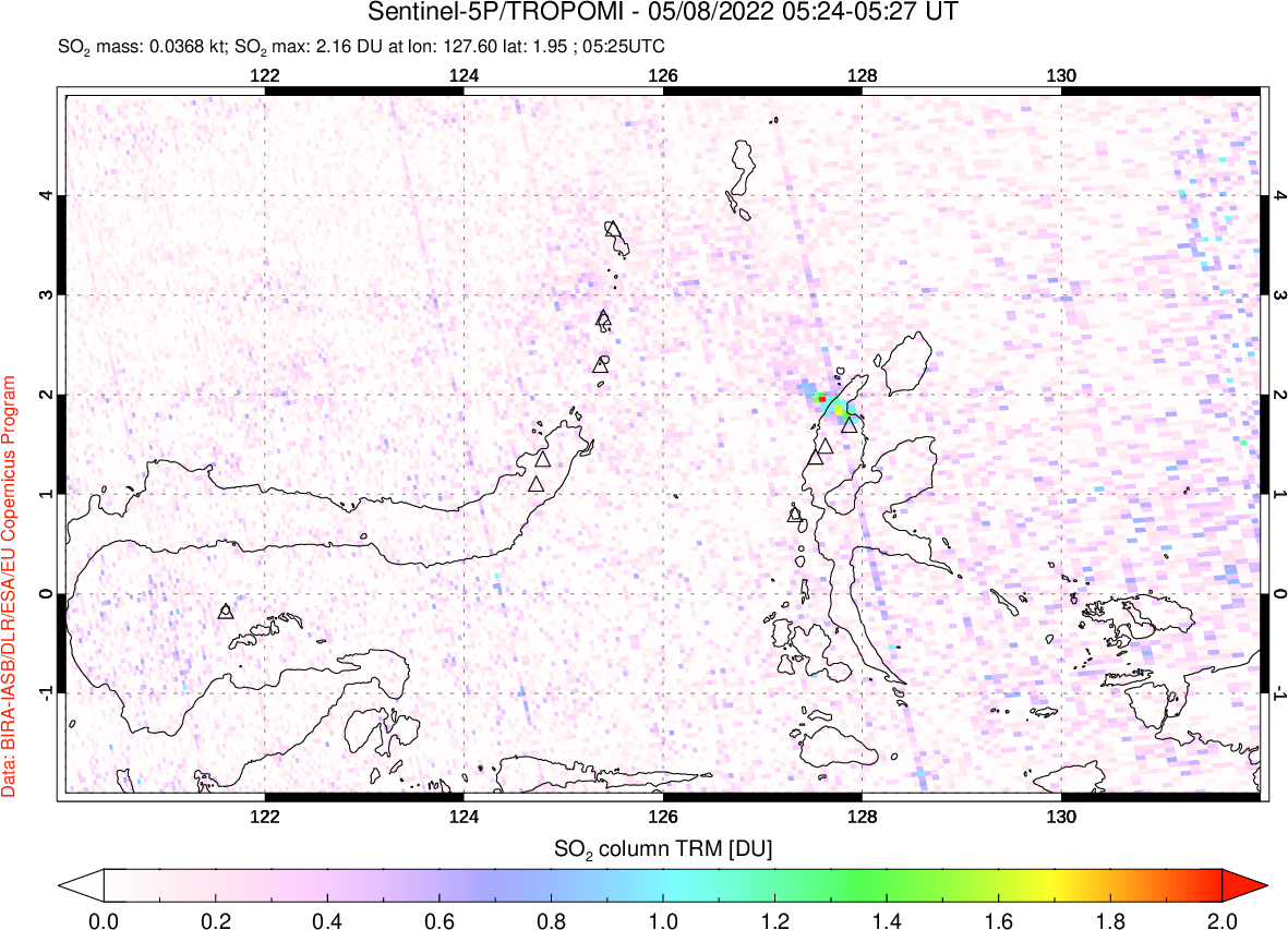 A sulfur dioxide image over Northern Sulawesi & Halmahera, Indonesia on May 08, 2022.