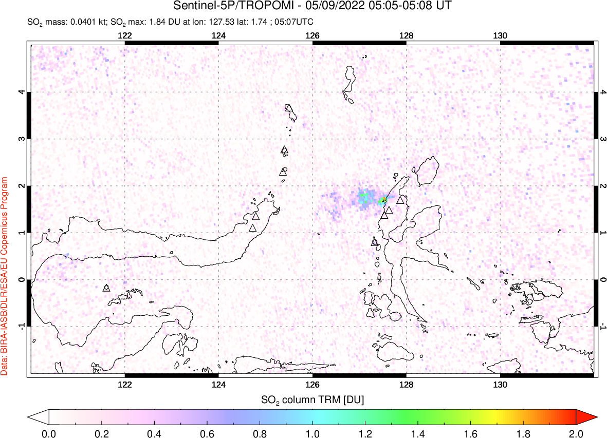 A sulfur dioxide image over Northern Sulawesi & Halmahera, Indonesia on May 09, 2022.