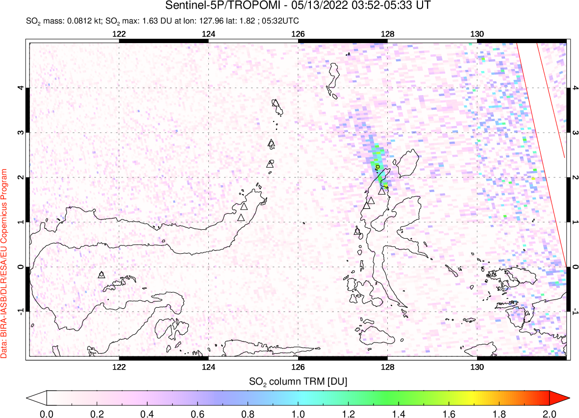A sulfur dioxide image over Northern Sulawesi & Halmahera, Indonesia on May 13, 2022.