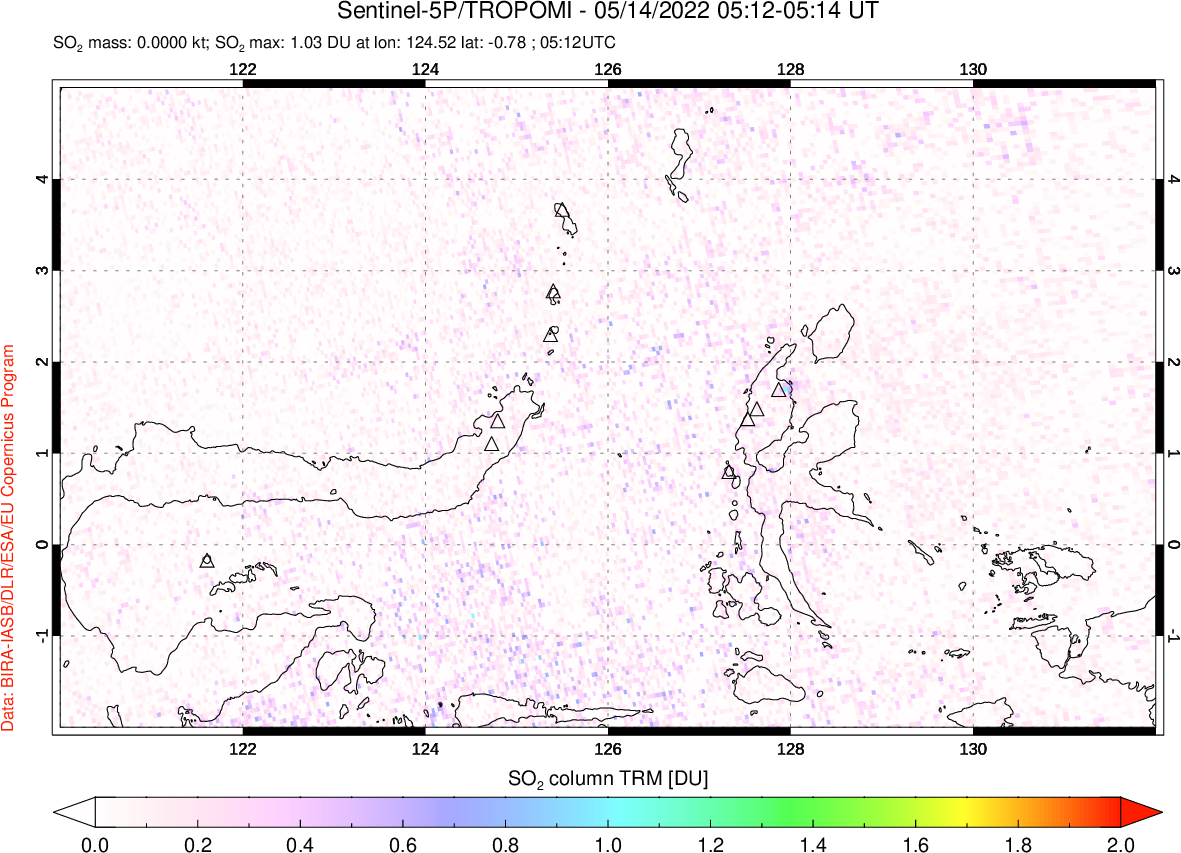 A sulfur dioxide image over Northern Sulawesi & Halmahera, Indonesia on May 14, 2022.