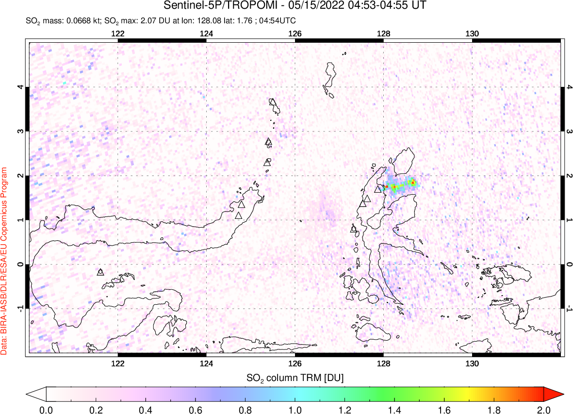 A sulfur dioxide image over Northern Sulawesi & Halmahera, Indonesia on May 15, 2022.