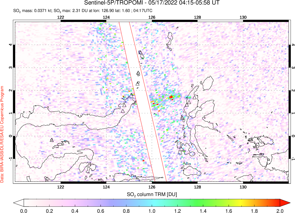A sulfur dioxide image over Northern Sulawesi & Halmahera, Indonesia on May 17, 2022.