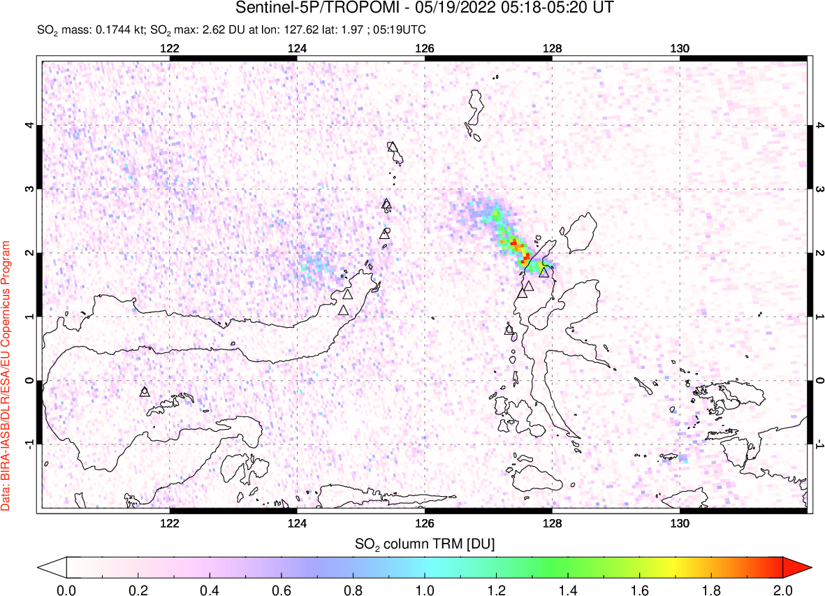 A sulfur dioxide image over Northern Sulawesi & Halmahera, Indonesia on May 19, 2022.