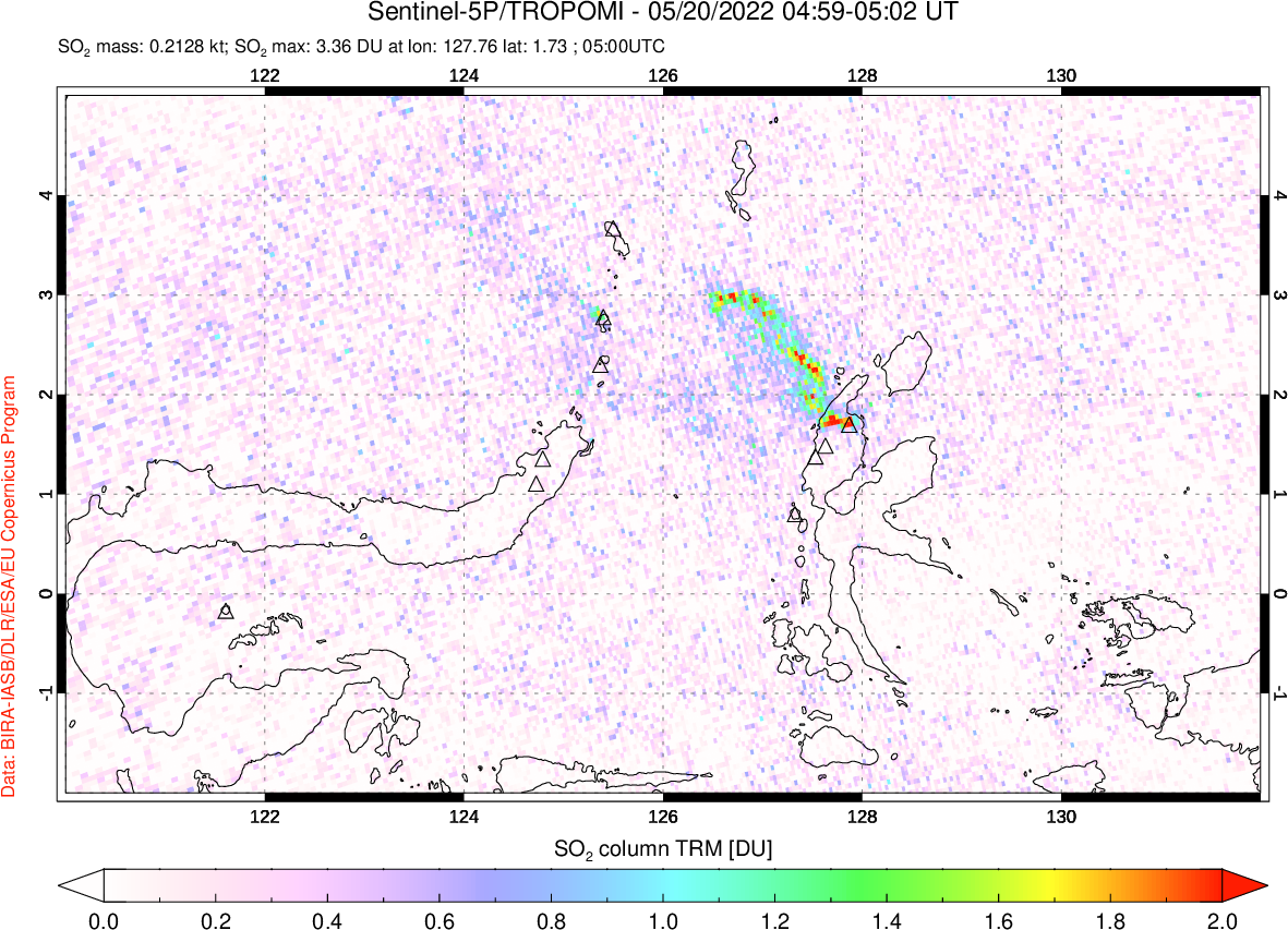 A sulfur dioxide image over Northern Sulawesi & Halmahera, Indonesia on May 20, 2022.