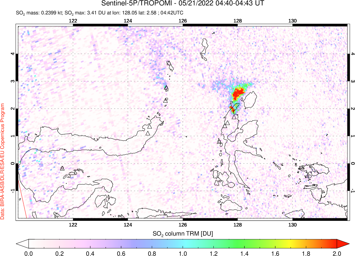 A sulfur dioxide image over Northern Sulawesi & Halmahera, Indonesia on May 21, 2022.