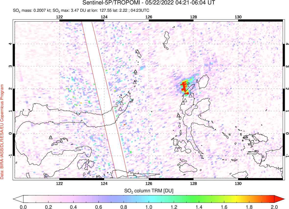 A sulfur dioxide image over Northern Sulawesi & Halmahera, Indonesia on May 22, 2022.