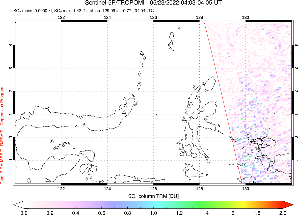 A sulfur dioxide image over Northern Sulawesi & Halmahera, Indonesia on May 23, 2022.