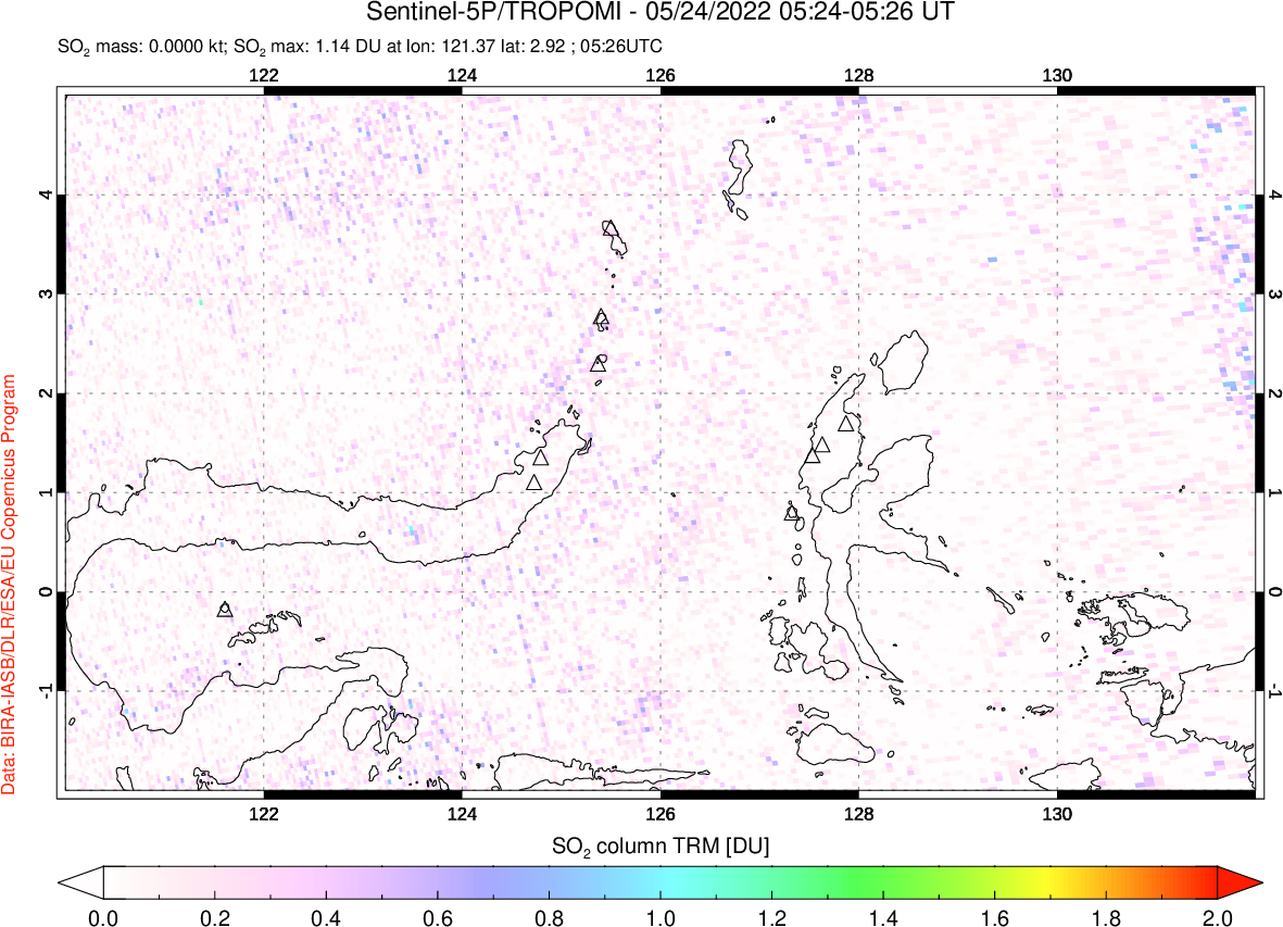 A sulfur dioxide image over Northern Sulawesi & Halmahera, Indonesia on May 24, 2022.