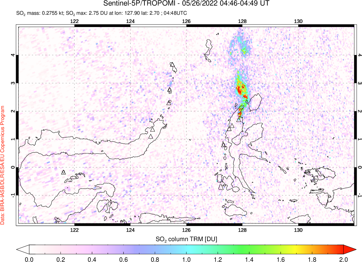 A sulfur dioxide image over Northern Sulawesi & Halmahera, Indonesia on May 26, 2022.