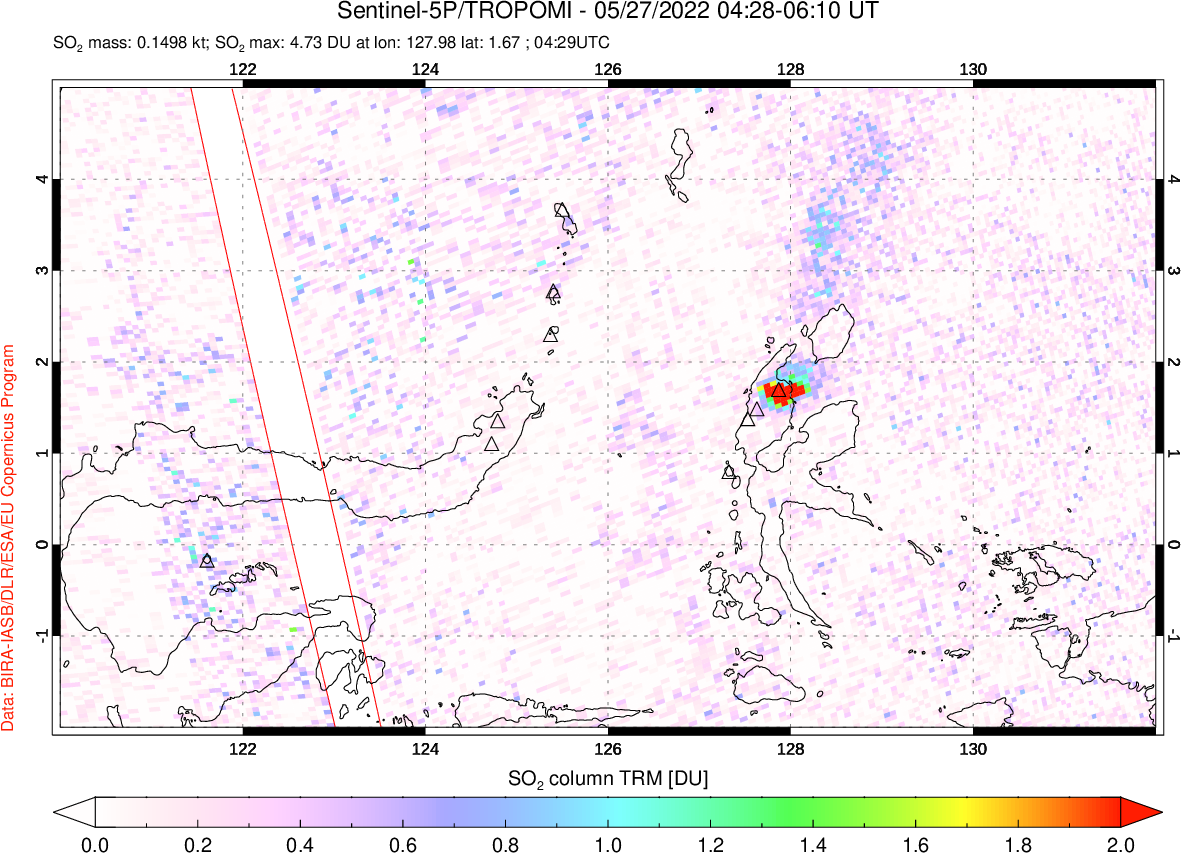 A sulfur dioxide image over Northern Sulawesi & Halmahera, Indonesia on May 27, 2022.