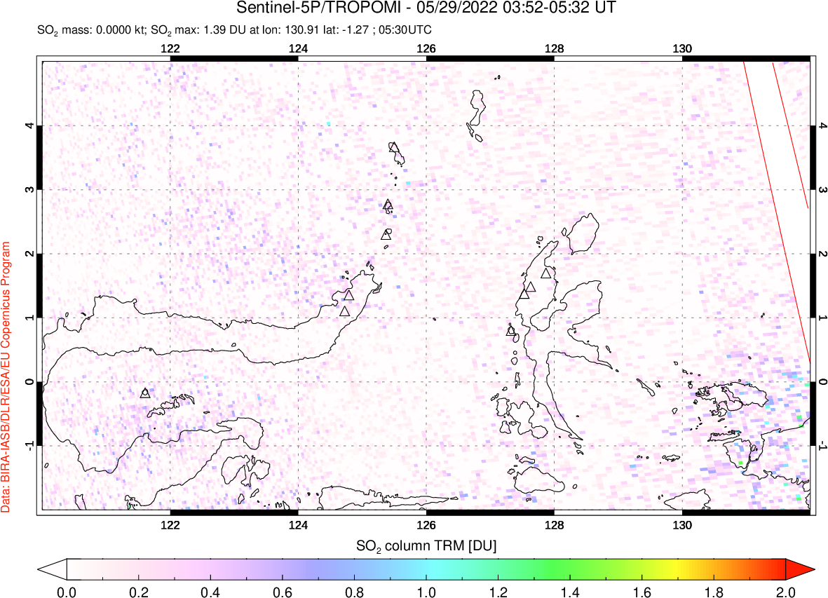 A sulfur dioxide image over Northern Sulawesi & Halmahera, Indonesia on May 29, 2022.