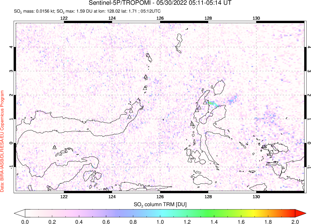 A sulfur dioxide image over Northern Sulawesi & Halmahera, Indonesia on May 30, 2022.
