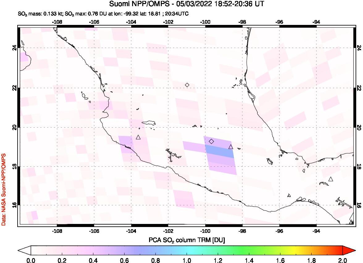 A sulfur dioxide image over Mexico on May 03, 2022.