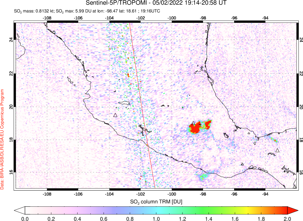 A sulfur dioxide image over Mexico on May 02, 2022.