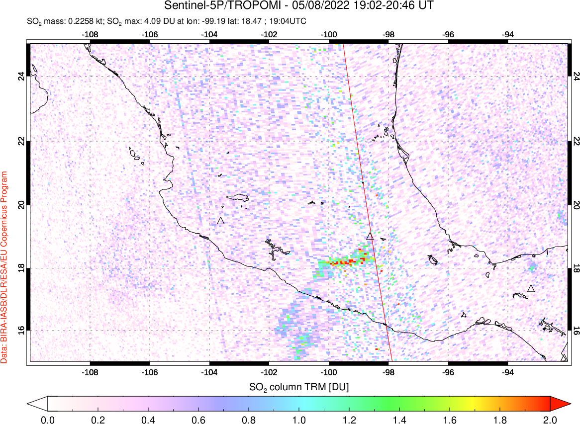 A sulfur dioxide image over Mexico on May 08, 2022.