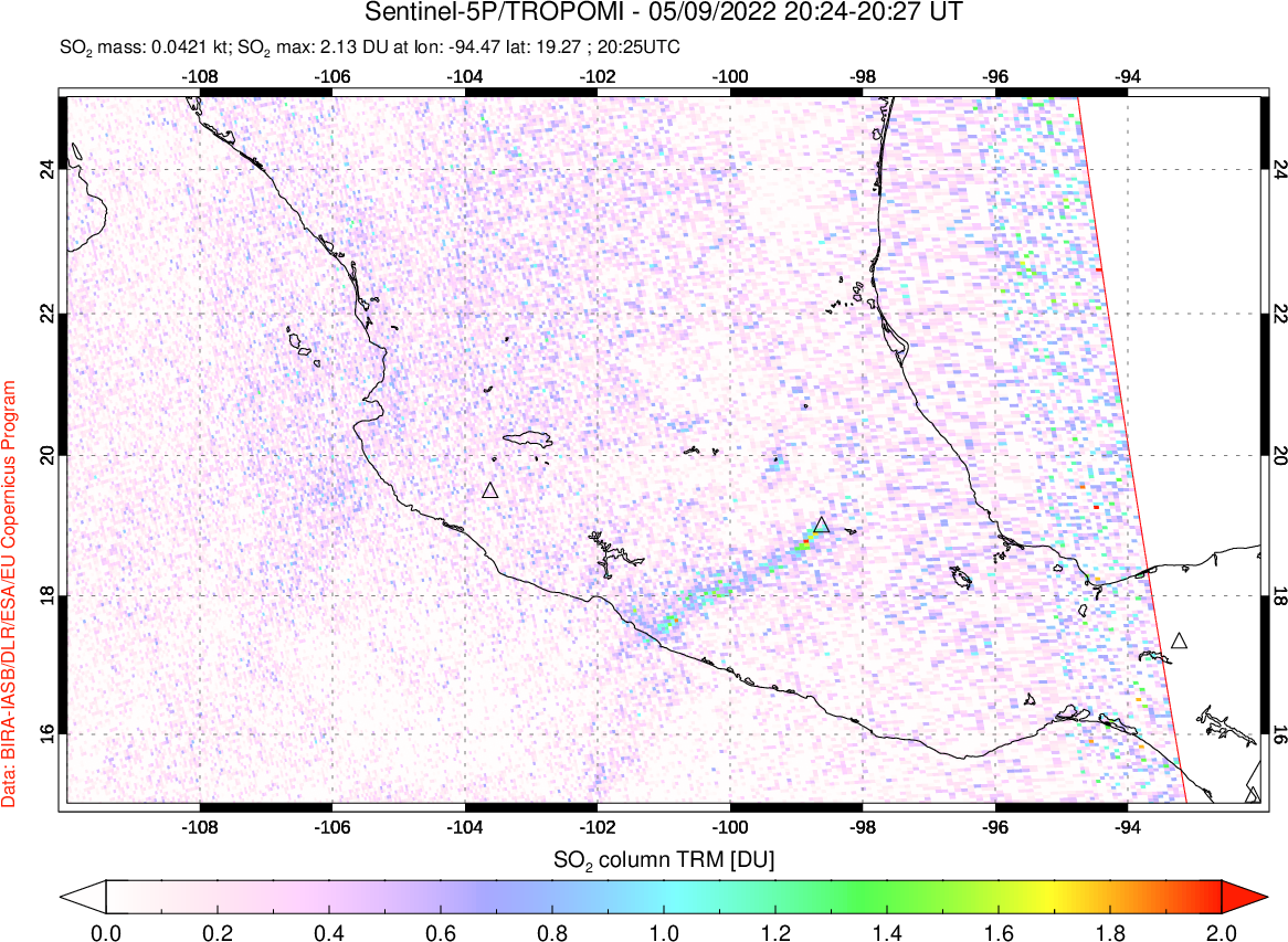 A sulfur dioxide image over Mexico on May 09, 2022.