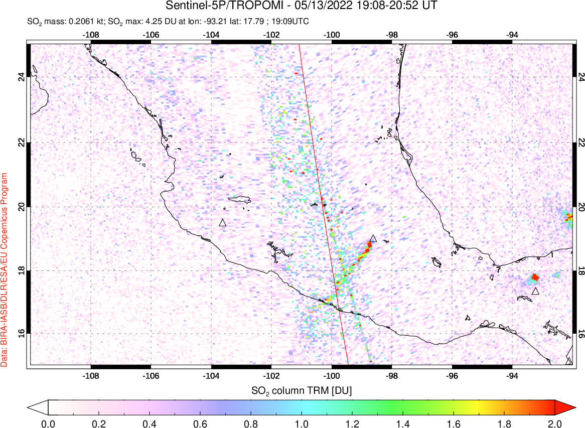 A sulfur dioxide image over Mexico on May 13, 2022.
