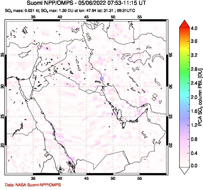 A sulfur dioxide image over Middle East on May 06, 2022.