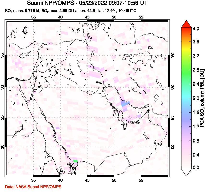 A sulfur dioxide image over Middle East on May 23, 2022.
