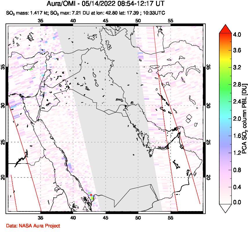 A sulfur dioxide image over Middle East on May 14, 2022.
