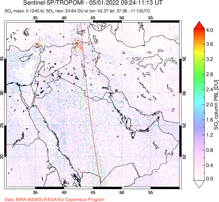 A sulfur dioxide image over Middle East on May 01, 2022.