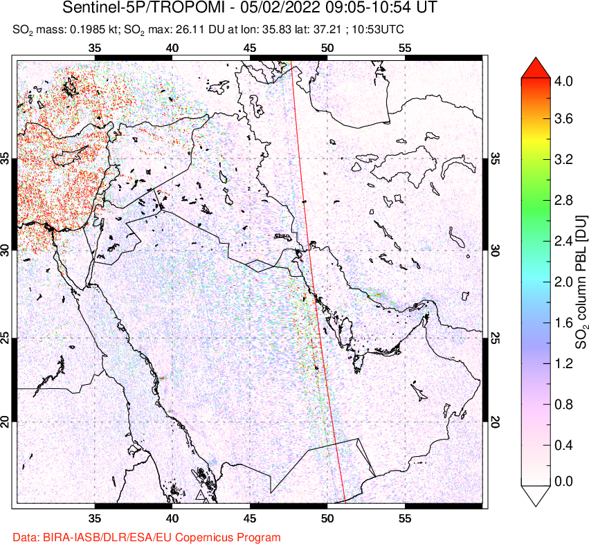 A sulfur dioxide image over Middle East on May 02, 2022.