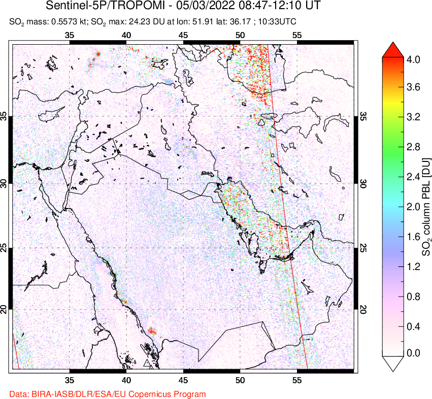 A sulfur dioxide image over Middle East on May 03, 2022.