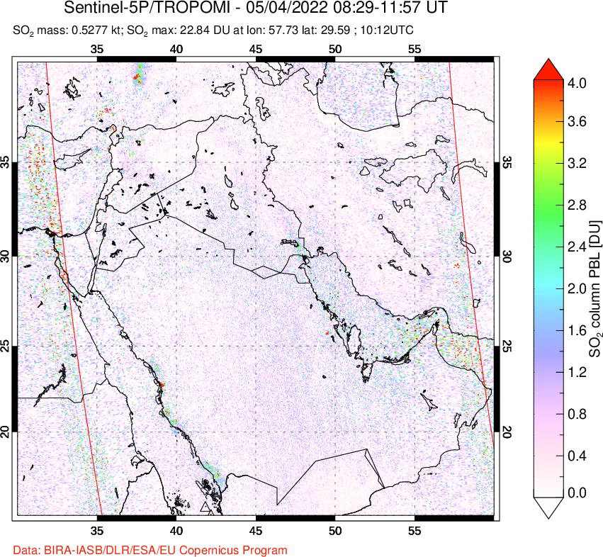 A sulfur dioxide image over Middle East on May 04, 2022.