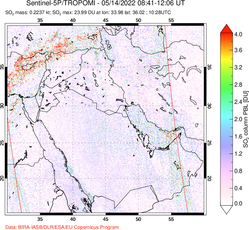 A sulfur dioxide image over Middle East on May 14, 2022.