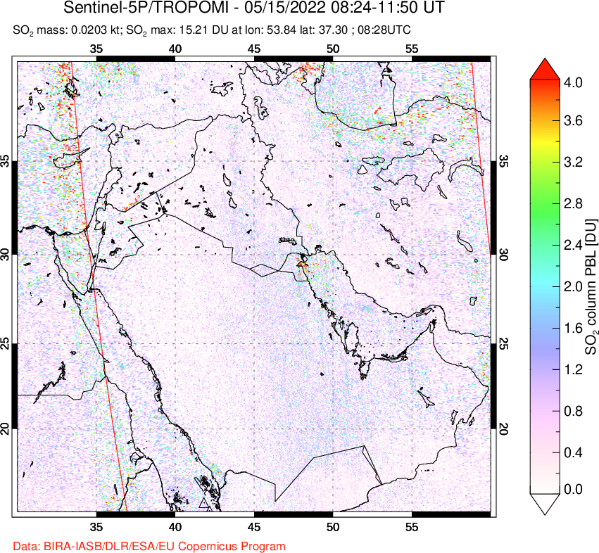 A sulfur dioxide image over Middle East on May 15, 2022.