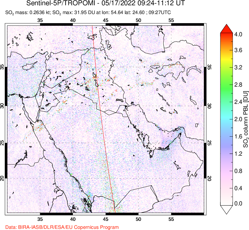 A sulfur dioxide image over Middle East on May 17, 2022.