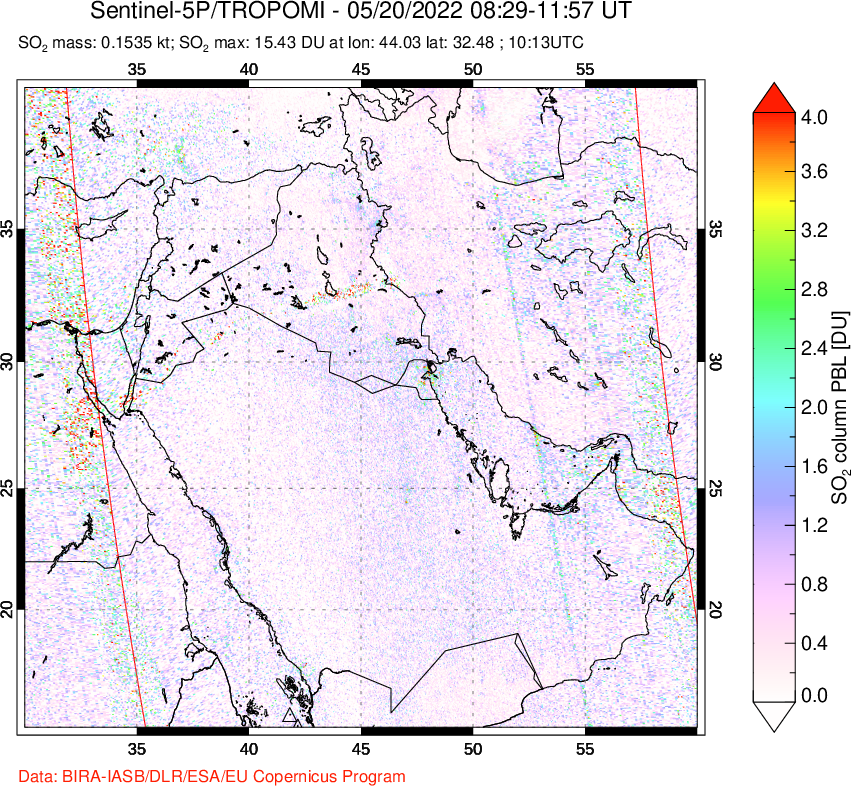 A sulfur dioxide image over Middle East on May 20, 2022.