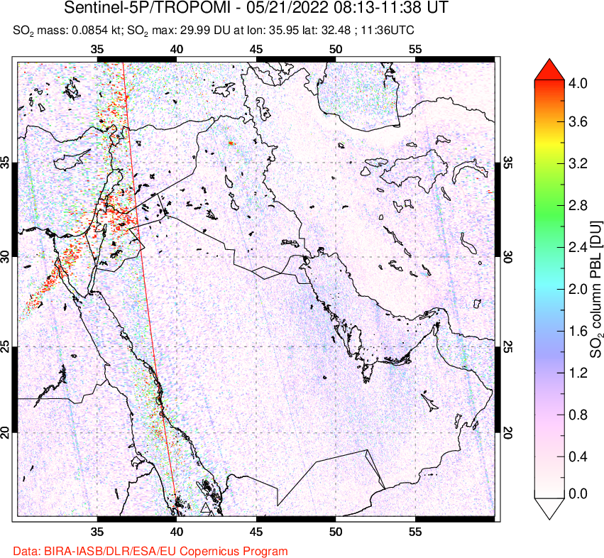 A sulfur dioxide image over Middle East on May 21, 2022.
