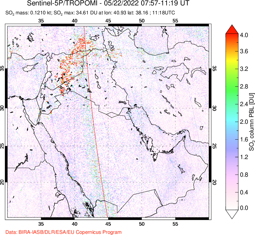 A sulfur dioxide image over Middle East on May 22, 2022.