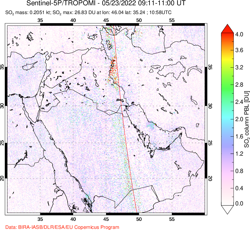 A sulfur dioxide image over Middle East on May 23, 2022.