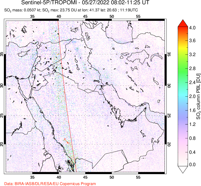 A sulfur dioxide image over Middle East on May 27, 2022.
