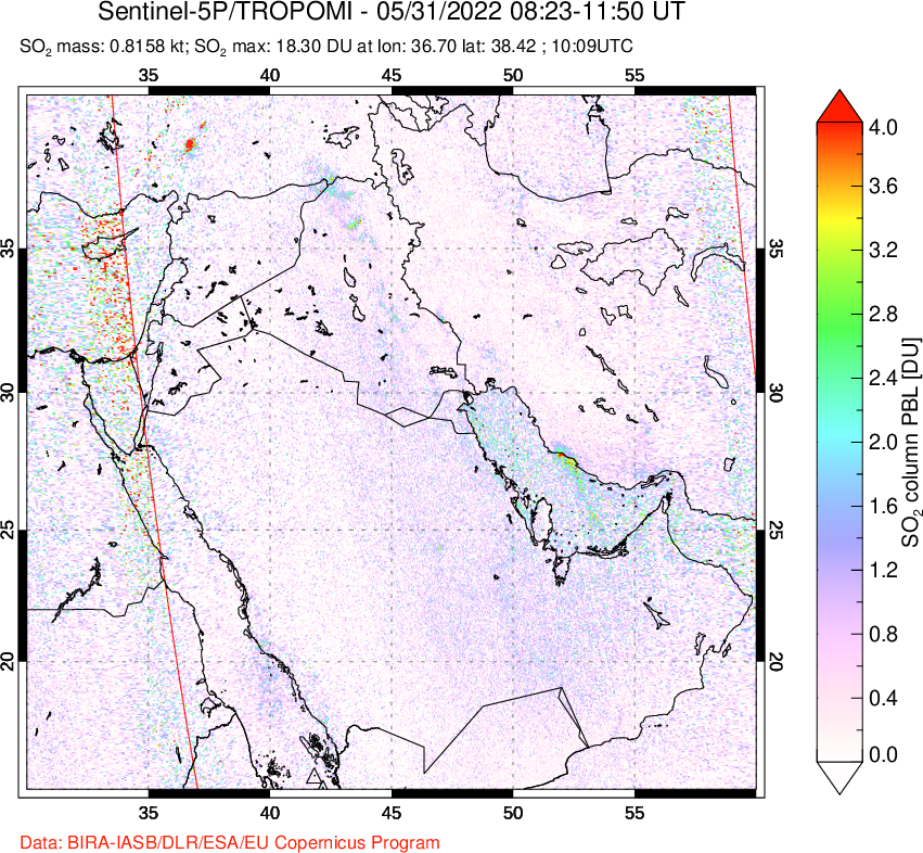 A sulfur dioxide image over Middle East on May 31, 2022.