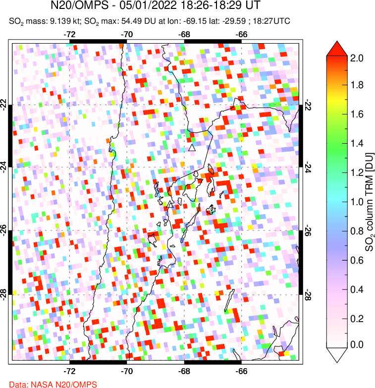 A sulfur dioxide image over Northern Chile on May 01, 2022.