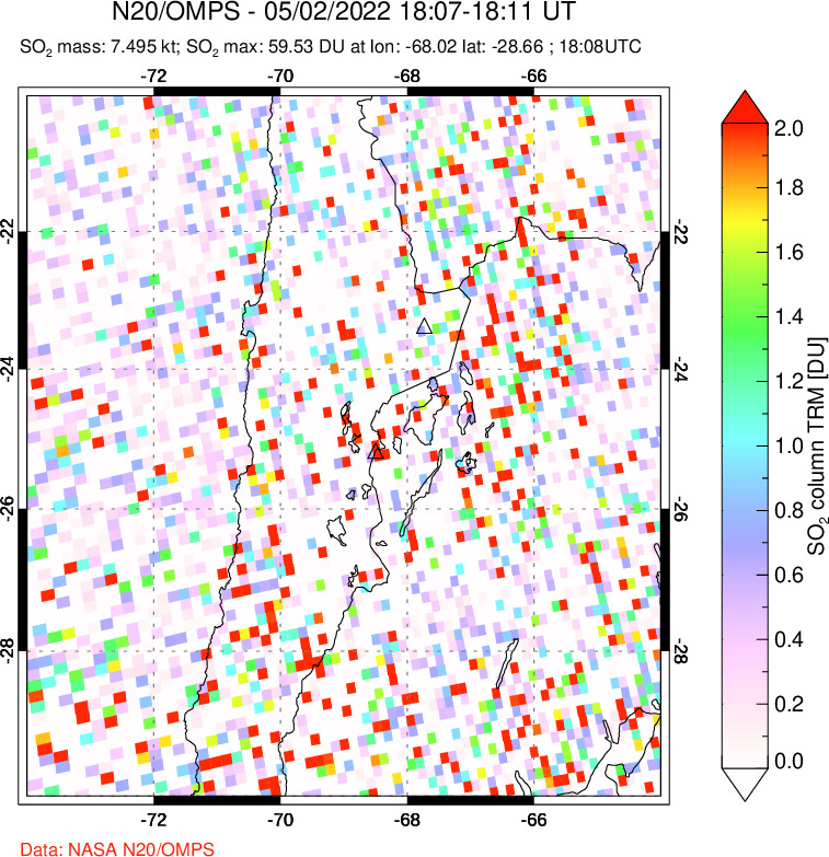 A sulfur dioxide image over Northern Chile on May 02, 2022.
