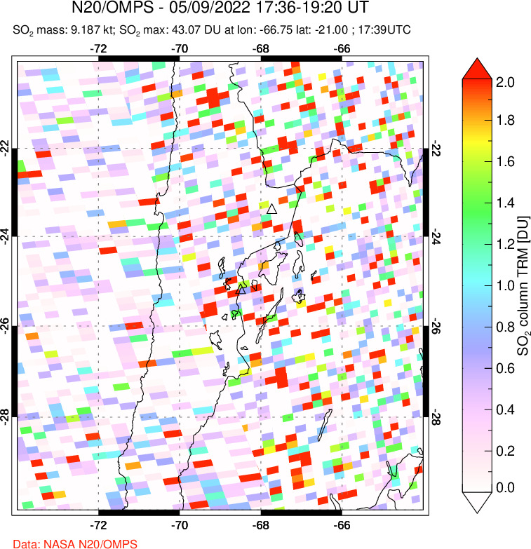 A sulfur dioxide image over Northern Chile on May 09, 2022.
