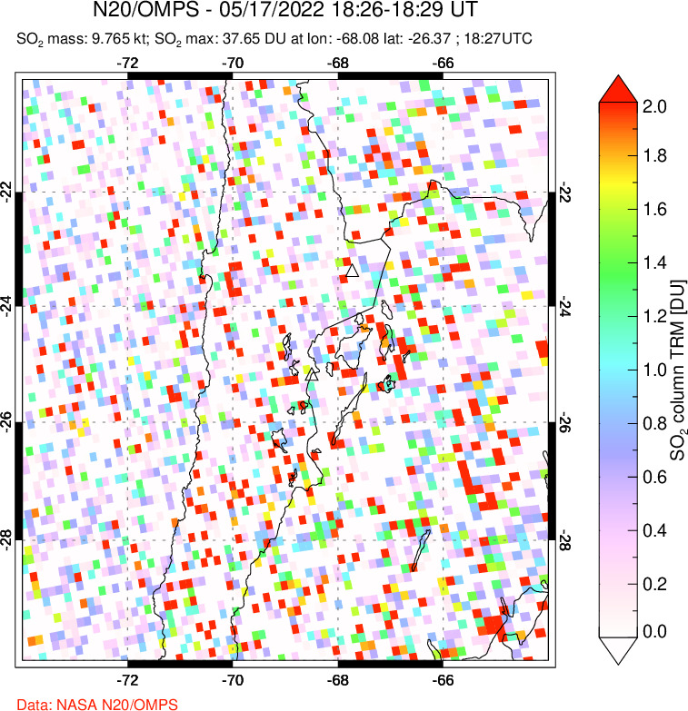 A sulfur dioxide image over Northern Chile on May 17, 2022.